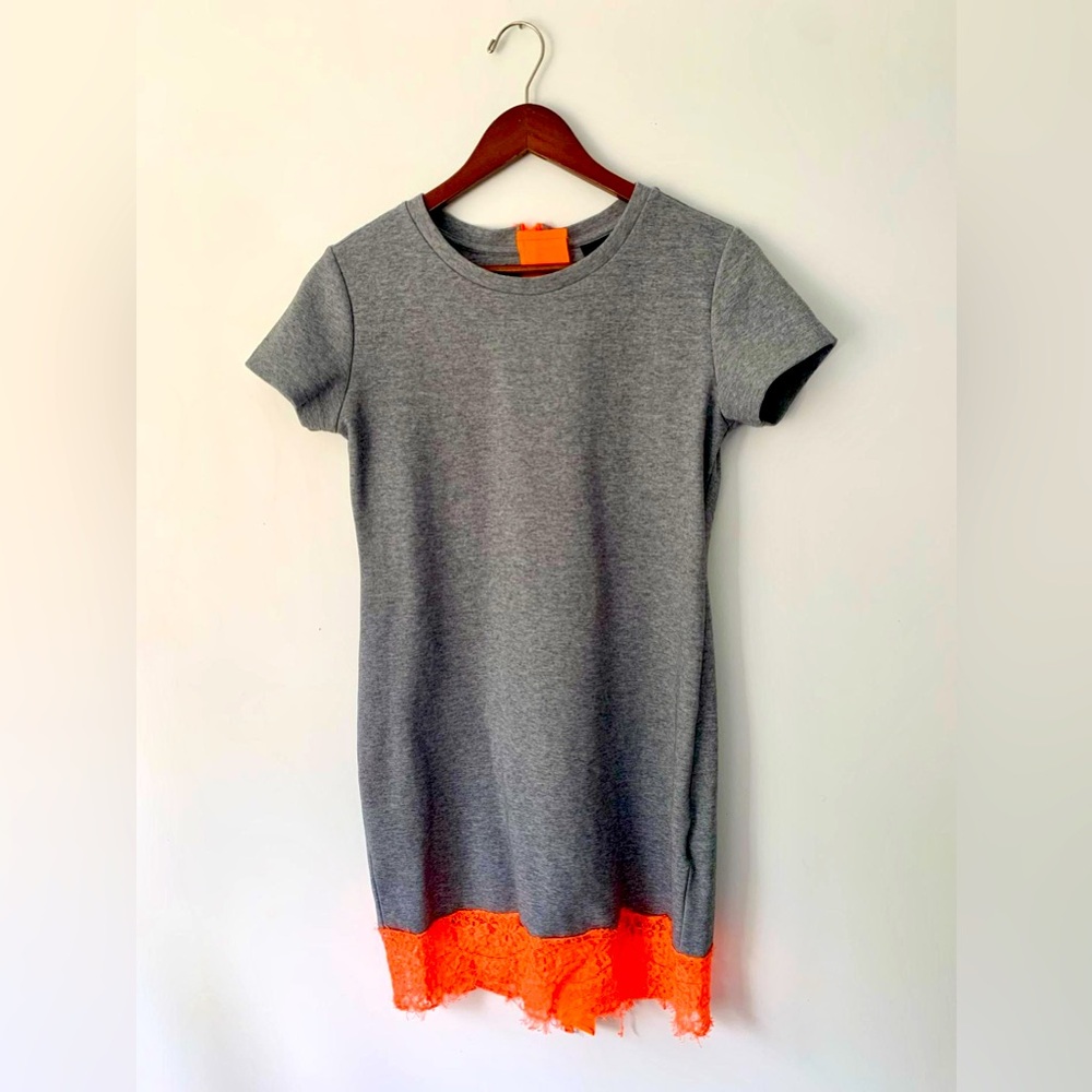Amenpapa thick cotton shirt-dress in grey with neon orange lace trims